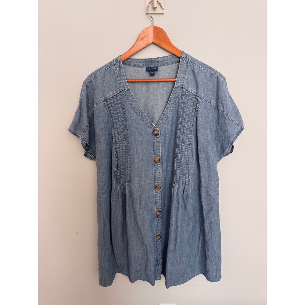 J. JILL | Denim Chambray Shirt Dress Women XL Blue Pintuck Button Front Short